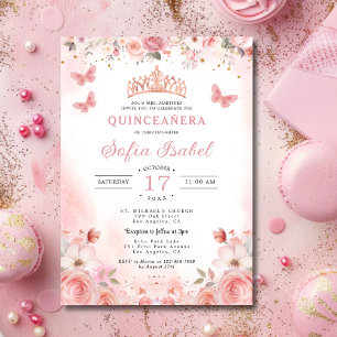 Quinceañera Rosa ros Blommigt Butterfly Inbjudningar