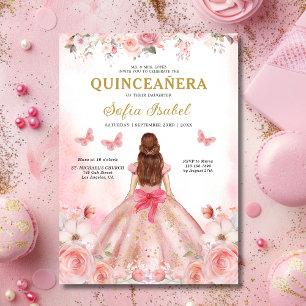 Quinceañera Rosa ros Blommigt Butterfly Inbjudningar