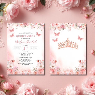 Quinceañera Rosa ros Blommigt Butterfly Inbjudningar