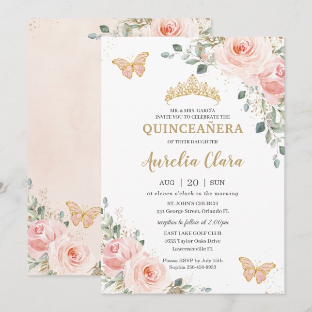 Quinceañera  Rosa ros Blommigt Butterfly Krona Inbjudningar (Fram/baksida)