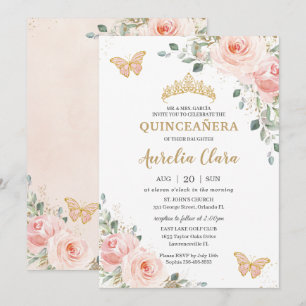 Quinceañera Rosa ros Blommigt Butterfly Krona Inbjudningar