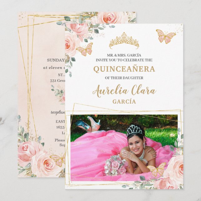Quinceañera  Rosa ros Blommigt Butterfly Photo Inbjudningar (Fram/baksida)