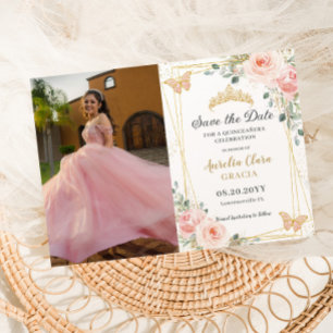 Quinceañera Rosa ros Blommigt Butterfly Photo Spara Datumet