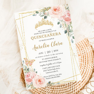 Quinceañera  Rosa ros Blommigt Butterfly Tiara Inbjudningar