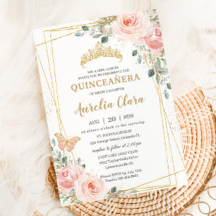 Quinceañera Rosa ros Blommigt Butterfly Tiara Inbjudningar
