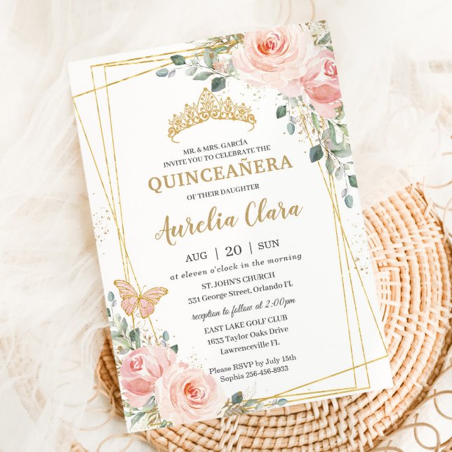 Quinceañera  Rosa ros Blommigt Butterfly Tiara Inbjudningar (Skapare uppladdad)