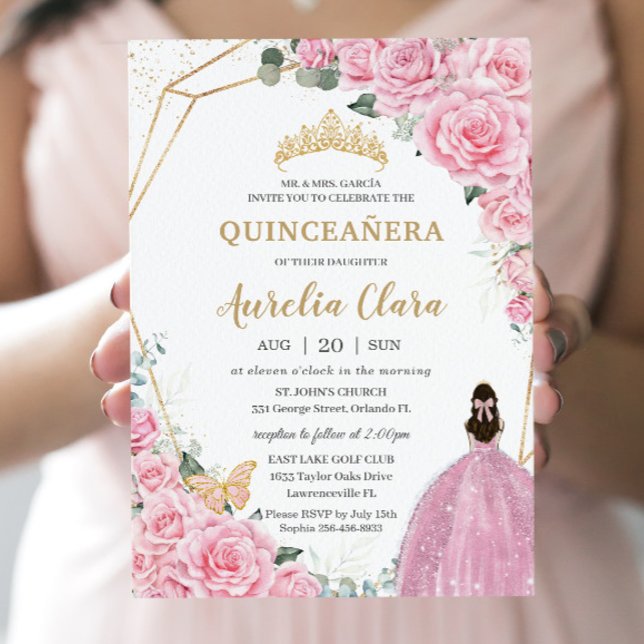 Quinceañera Rosa ros Blommigt Guld Princess Krona Inbjudningar (Skapare uppladdad)
