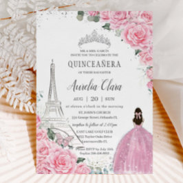 Quinceañera Rosa ros Blommigt Paris Eiffel Silver Inbjudningar