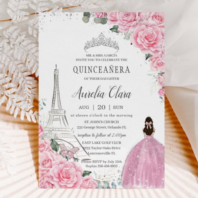 Quinceañera Rosa ros Blommigt Paris Eiffel Silver Inbjudningar (baby-pink-floral-roses-silver-eiffel-tower-paris-quinceanera-xv-sweet-sixteen-birthday-invitation)