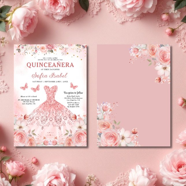 Quinceañera  Rosa ros Blommigt Tack Kort (Skapare uppladdad)