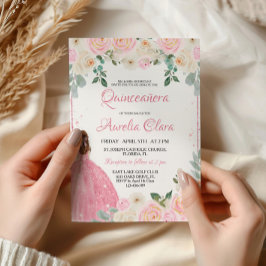Quinceañera Rosa ros Blommigt Tiara Inbjudningar