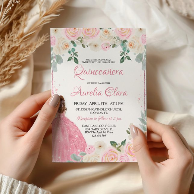 Quinceañera  Rosa ros Blommigt Tiara Inbjudningar (Skapare uppladdad)