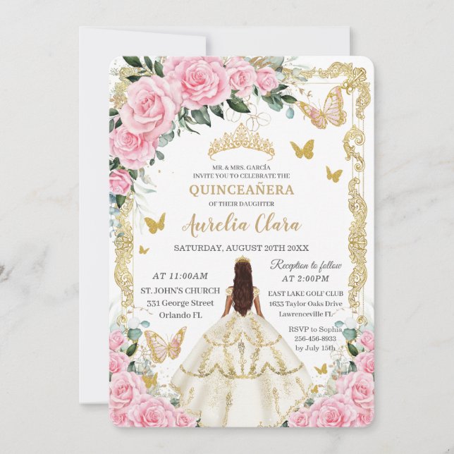 Quinceañera Rosa ros Blommigt White Dress Princess Inbjudningar (Framsida)