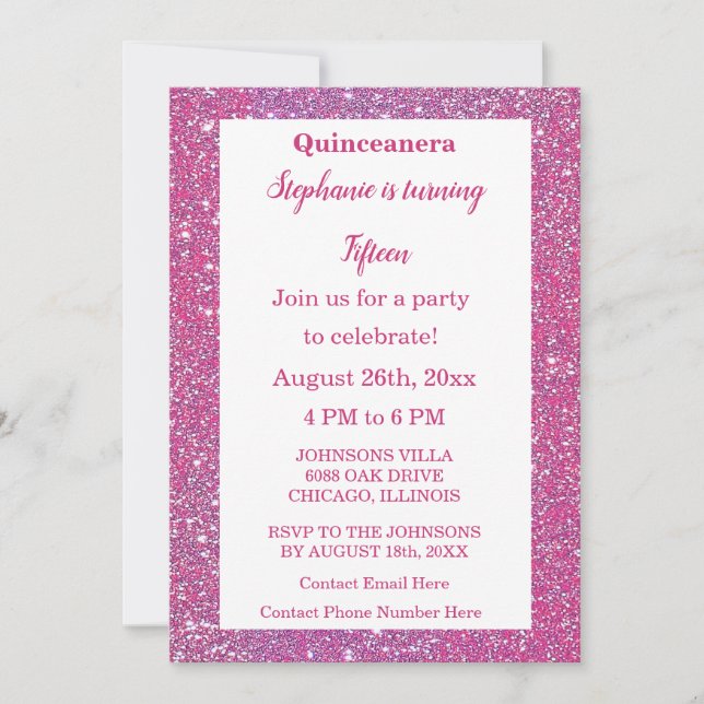 Quinceanera Rosa ros Guld Glitter 15:e födelsedage Inbjudningar (Framsida)