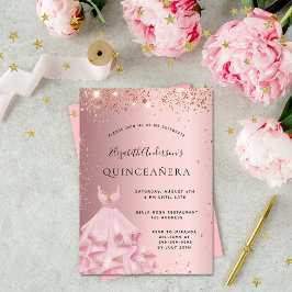 Quinceanera, rosa ros guld glitter inbjudningar