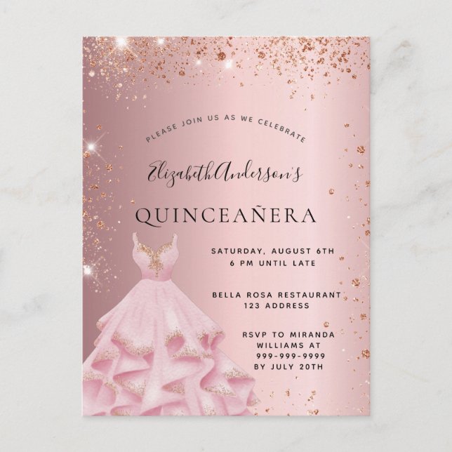 Quinceanera,  rosa ros guld-klänningen inbjudan vykort (Framsida)
