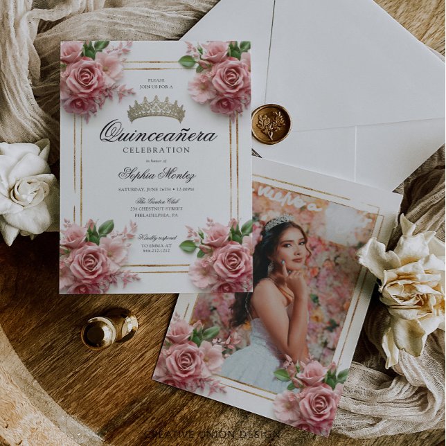 Quinceañera Rosa ros Guld Ram 15:e födelsedagen Inbjudningar (Skapare uppladdad)