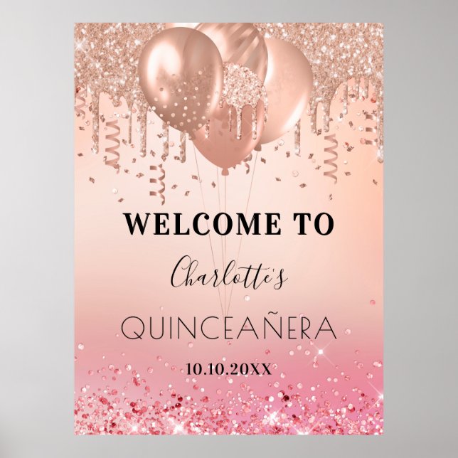 Quinceanera rosa ros guld rosa glitter poster (Framsidan)