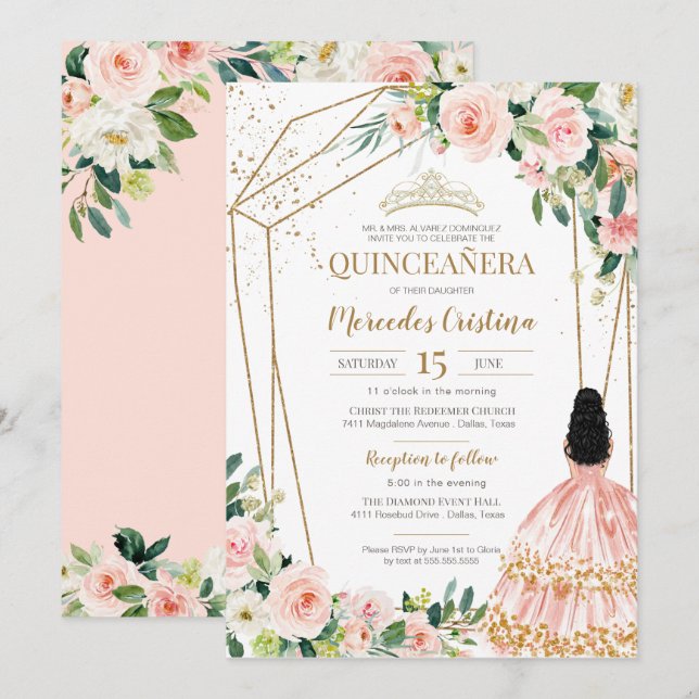 Quinceanera  Rosa ros och Guld, Girl Gown I Inbjudningar (Fram/baksida)