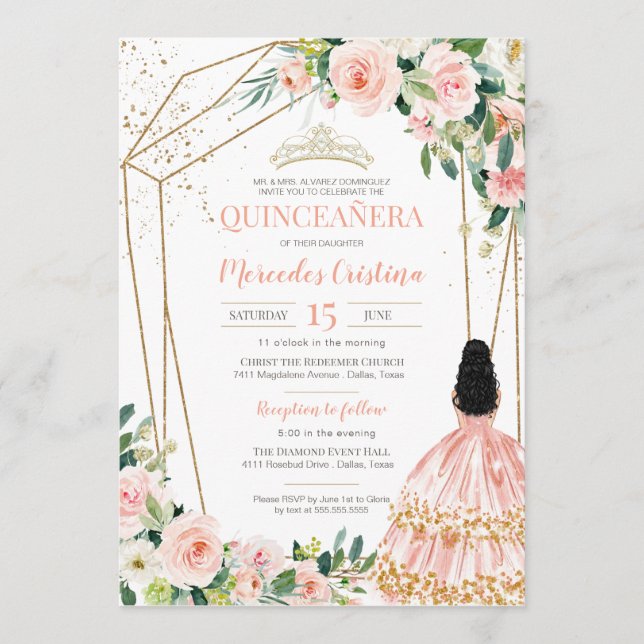 Quinceanera  Rosa ros och Guld, Girl Gown Inbjudningar (Framsida)