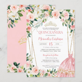 Quinceanera  Rosa ros och Guld Pearl Tiara Inbjudningar