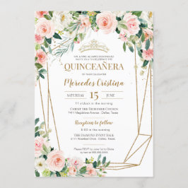 Quinceanera  Rosa ros och Guld Pearl Tiara Inbjudningar
