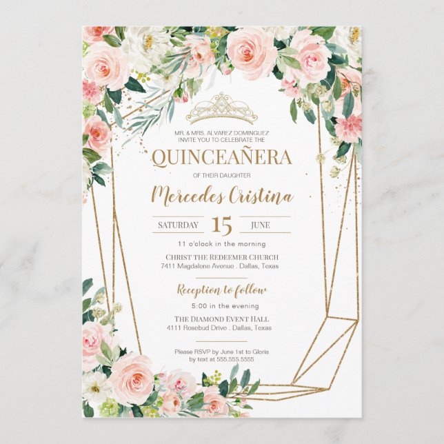 Quinceanera  Rosa ros och Guld Pearl Tiara Inbjudningar (Framsida)