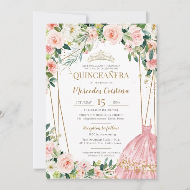 Quinceanera  Rosa ros och Guld Pearl Tiara Inbjudningar (Framsida)