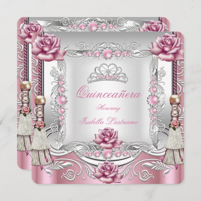 QUINCEANERA Rosa ros Tassels Silver Tiara Inbjudningar (Fram/baksida)