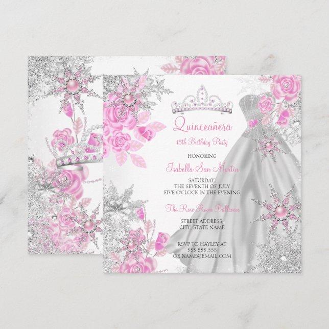Quinceanera Rosa Ros Vinterns Underland Snöflinga Inbjudningar (Fram/baksida)