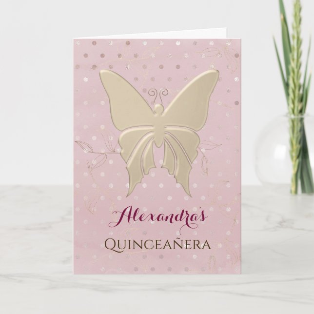 Quinceanera Rosa Rosa Guld Fjäril Foto Inbjudan (Framsida)