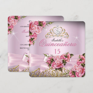 Quinceanera Rosa Rosa Rosor Tiara 15-årsdag Inbjudningar