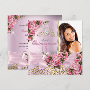 Quinceanera Rosa Rosa Rosor Tiara Foto Födelsedag Inbjudningar