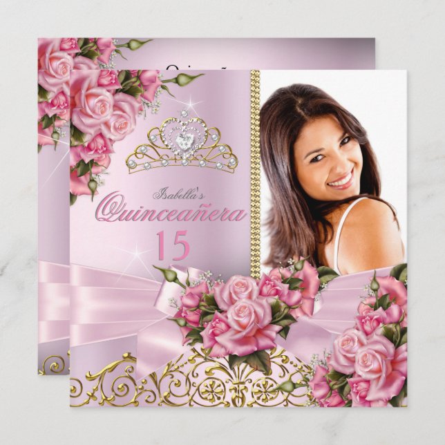 Quinceanera Rosa Rosa Rosor Tiara Foto Födelsedag Inbjudningar (Fram/baksida)