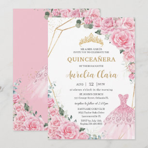 Quinceanera Rosa Rosor Blommig Prinsessa Klänning Inbjudningar