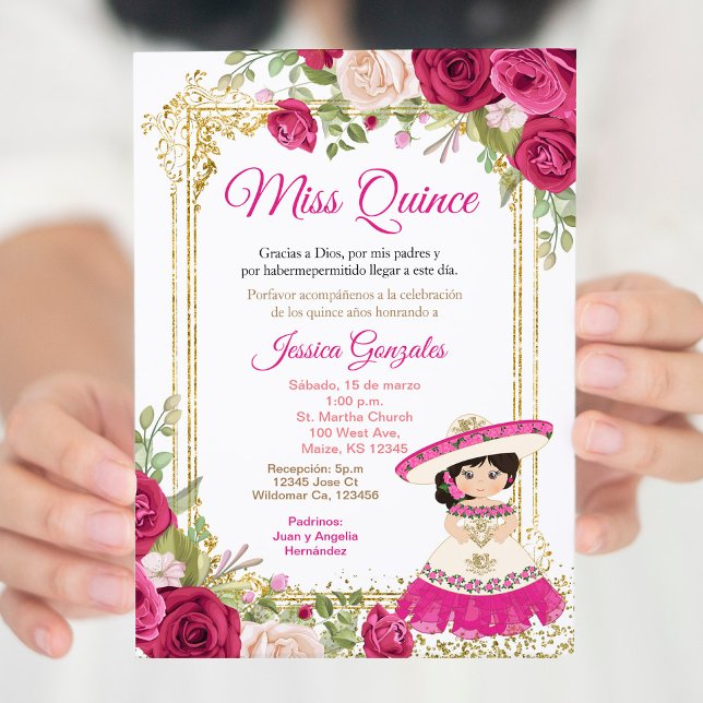 Quinceanera Rosa Rosor Mexikansk Miss Quince Inbju Inbjudningar (Skapare uppladdad)