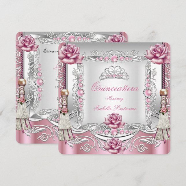 QUINCEANERA Rosa Rosor Tofsar Silver Tiara Inbjudningar (Fram/baksida)