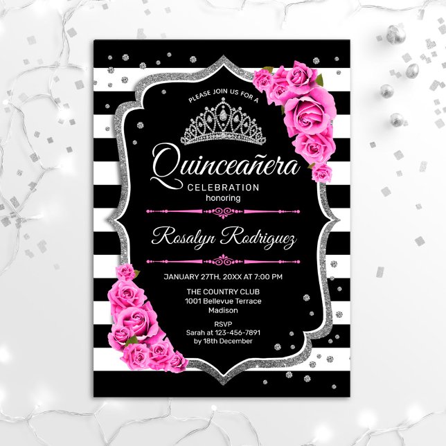 Quinceanera - Rosa Silver Black Inbjudningar (Skapare uppladdad)