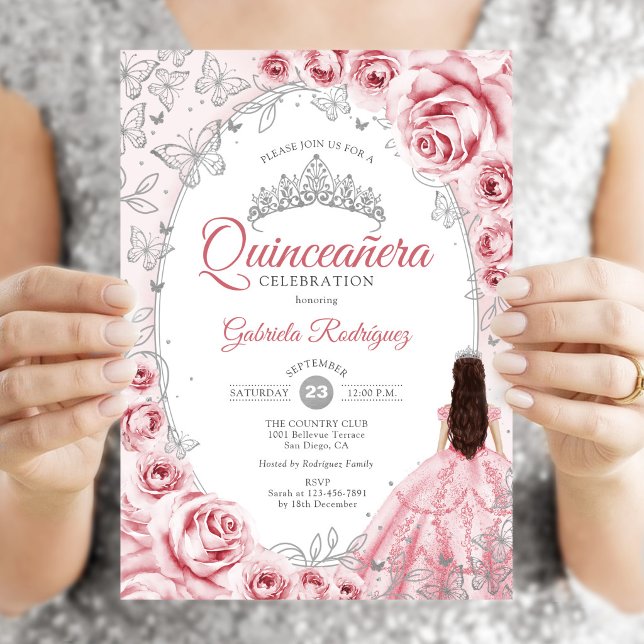Quinceanera Rosa Silver Blommig Inbjudningar (Skapare uppladdad)