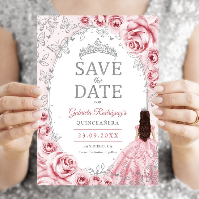 Quinceanera Rosa Silver Blommig Spara Datumet (Skapare uppladdad)