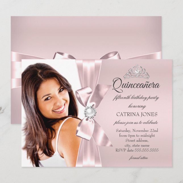 Quinceanera Rosa Silver Diamantbåge pärltiara Inbjudningar (Fram/baksida)