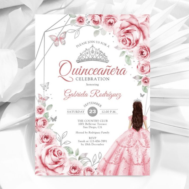 Quinceanera Rosa Silver Dress Blommigt Inbjudningar (Skapare uppladdad)