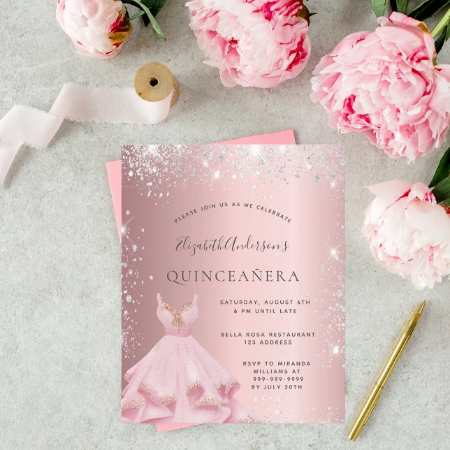 Quinceanera rosa silver klänningsinbjudan (Skapare uppladdad)