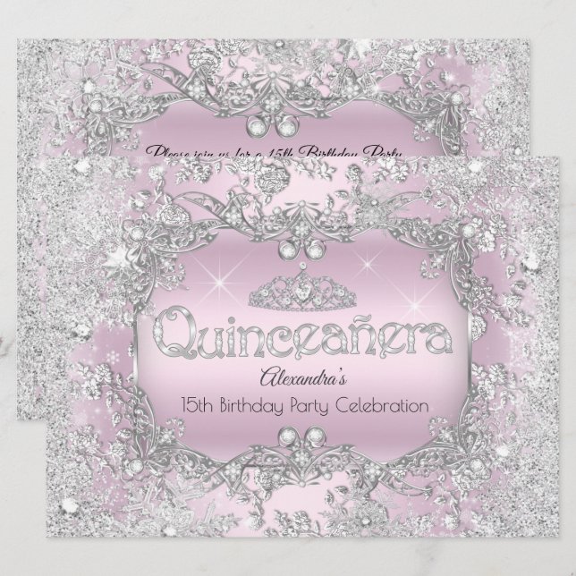 Quinceanera Rosa Silver Tiara Vinter Värld 2 Inbjudningar (Fram/baksida)
