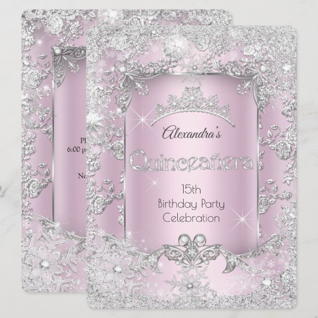 Quinceanera Rosa Silver Tiara Vinter Värld Inbjudningar (Fram/baksida)