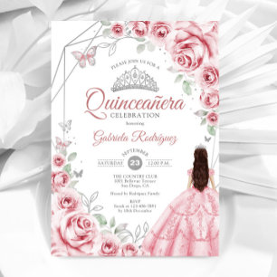 Quinceanera Rosa Silverklänning Blommig Inbjudningar