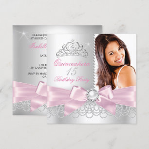 Quinceanera Rosa Slinga vita Pärlor Foto Födelseda Inbjudningar