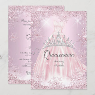 Quinceanera Rosa Snöflinga Vinter Dräkt Tiara Inbjudningar