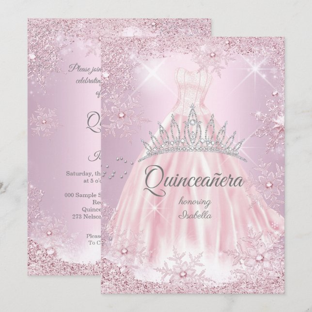Quinceanera Rosa Snöflinga Vinter Dräkt Tiara Inbjudningar (Fram/baksida)