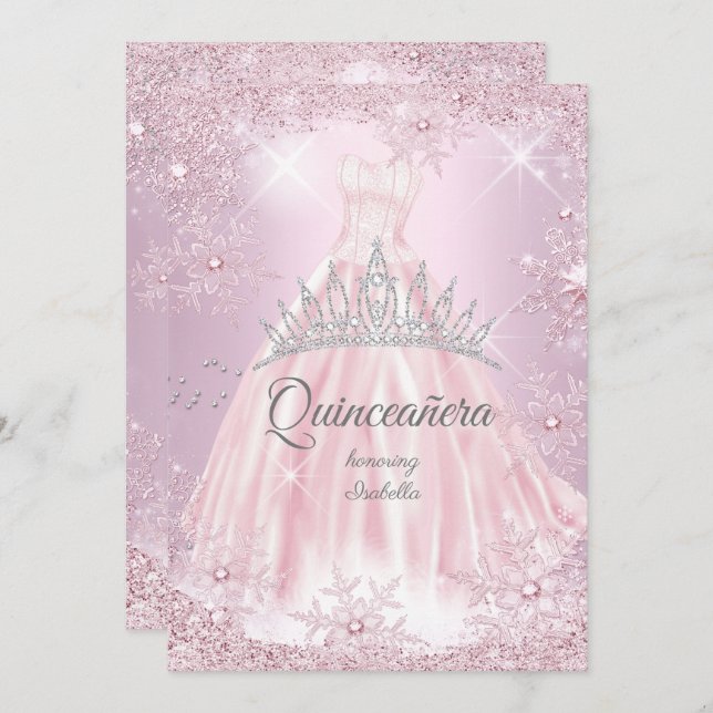 Quinceanera Rosa Snowflake Winter Dress Tiara Inbjudningar (Fram/baksida)